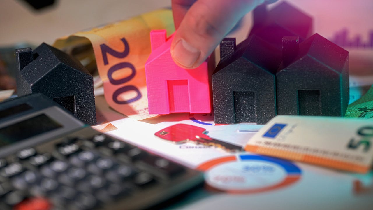 Miniature houses, Euro bills, and calculator representing real estate investment.